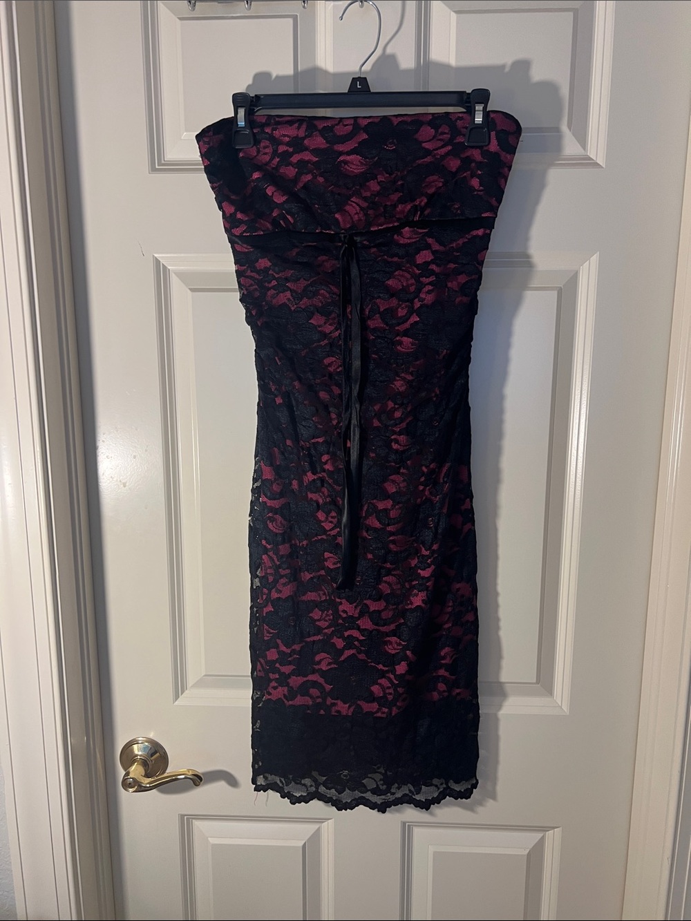 Strapless Black Lace Dress with Burgundy Underlay